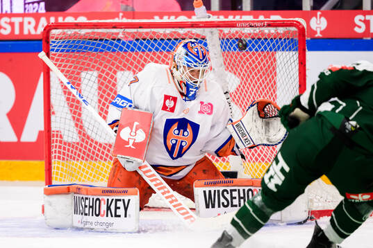 goaltender Juha Metsola and Henrik Björklund of Färjestad