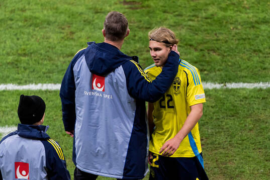 Head coach Jon Dahl Tomasson and Sebastian Nanasi of Sweden