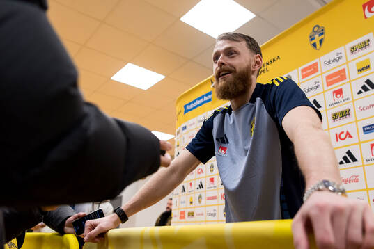 Goalkeeper Viktor Johansson of Sweden in mixed zone