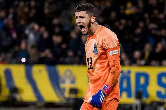 Goalkeeper Elvin Jafarguliyev of Azerbaijan celebrates