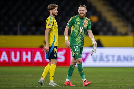 Anton Salétros and goalkeeper Viktor Johansson of Sweden