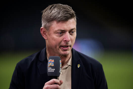 Head coach Jon Dahl Tomasson of Sweden is interviewed in