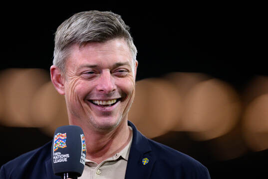 Head coach Jon Dahl Tomasson of Sweden is interviewed in