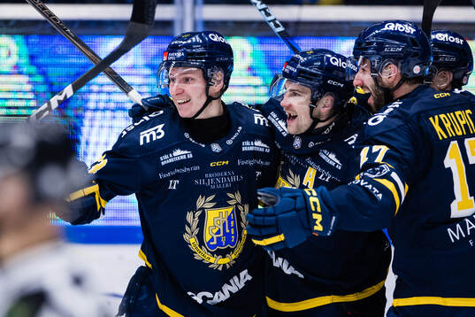 Södertäljes Hampus Harlestam (m) jublar med Egor Polin