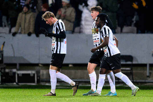 Landskronas Adam Egnell, Max Nilsson och Kofi Asare jublar