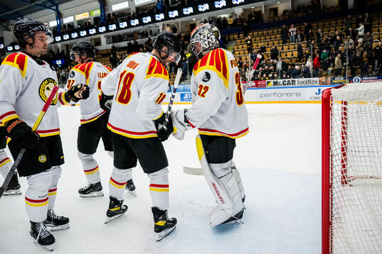 Brynäs Anton Rödin och målvakt Ludvig Persson jublar