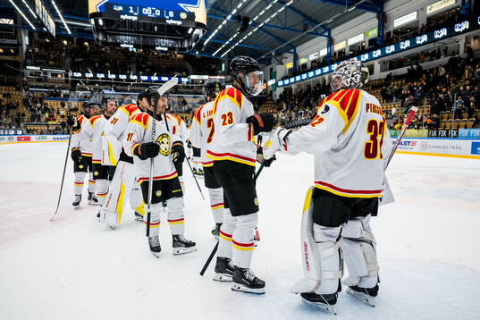 Brynäs Oskar Lindblom och målvakt Ludvig Persson jublar