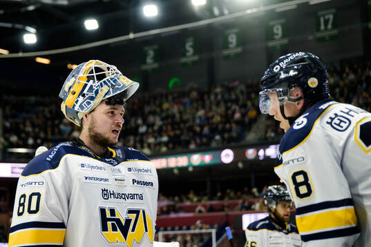 HV71s målvakt Frederik Dichow och John Nyberg deppar