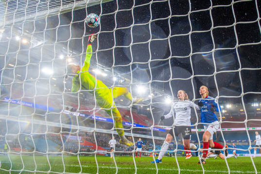 Goalkeeper Rugile Rulyte of Rosenborg makes a save while