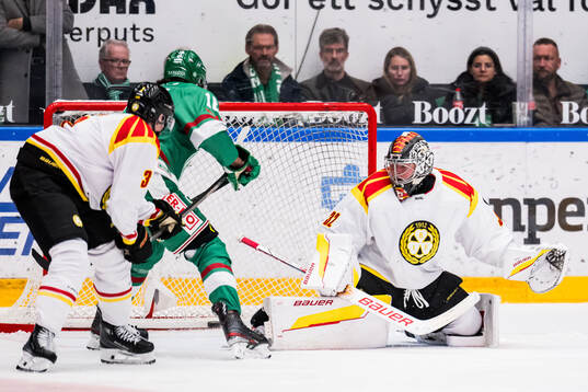 Rögles Dennis Everberg och Brynäs målvakt Ludvig Persson