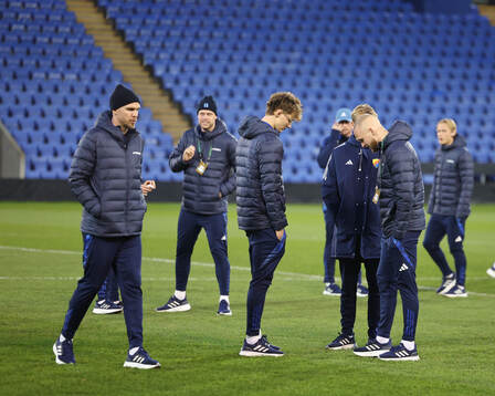 Players of Djurgården inspect the pitch