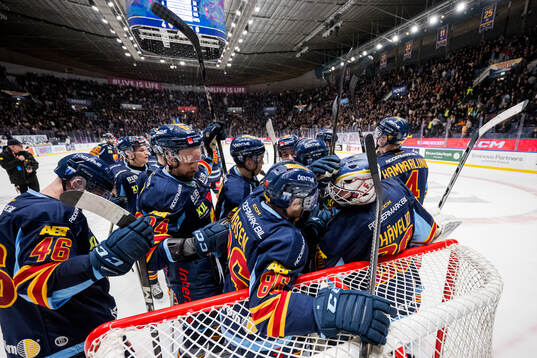 Djurgårdens spelare jublar med målvakt Hugo Hävelid