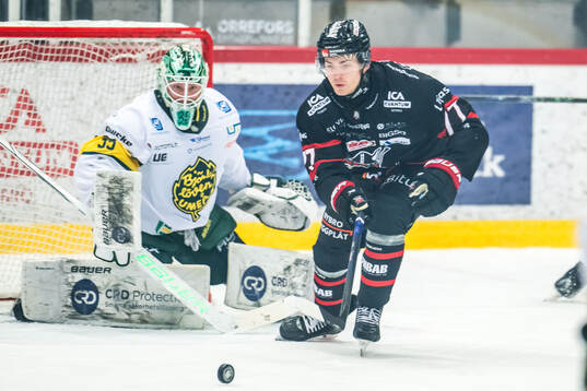 Björklövens målvakt Melker Thelin och Nybros Hannes
