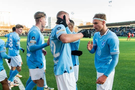 Malmö FFs Daniel Gudjohnsen jublar med Erik Botheim