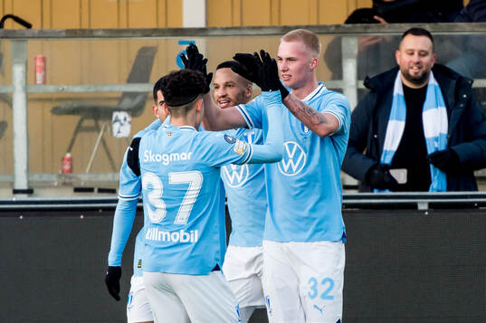 Malmö FFs Daniel Gudjohnsen jublar med Adrian Skogmar