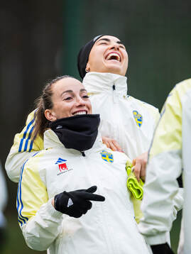 Kosovare Asllani and goalkeeper Zecira Musovic of the