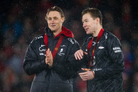 Sakarias Opsahl and goalkeeper Mathias Dyngeland of Brann