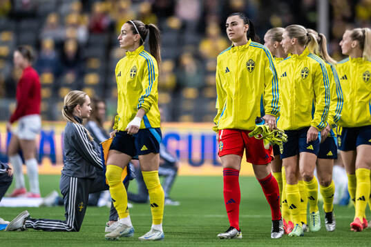 Kosovare Asllani and goalkeeper Zecira Musovic of Sweden