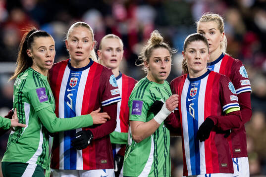 Guro Bergsvand, Maren Mjelde and Ada Hegerberg of Norway