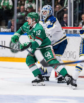 Rögles Brady Ferguson och Leksands målvakt Jakob Hellsten