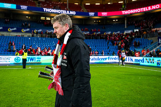 Andreas Hagen, head coach of Fredrikstad, celebrates