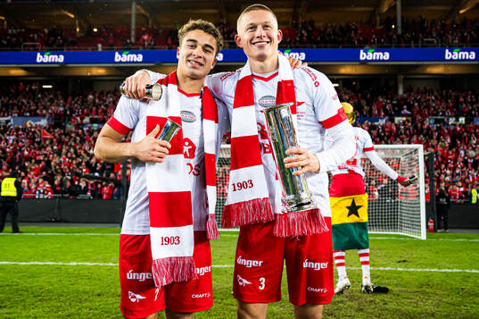Henrik Skogvold and Brage Skaret of Fredrikstad celebrates