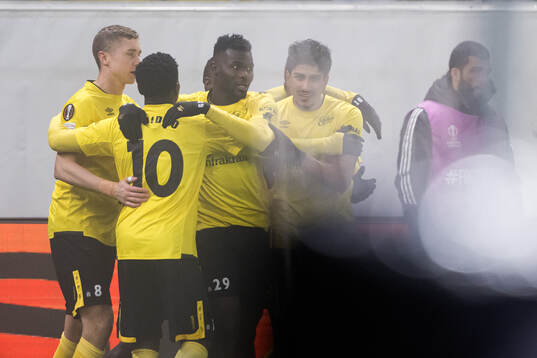 Ahmed Qasem of Elfsborg celebrates with team mates