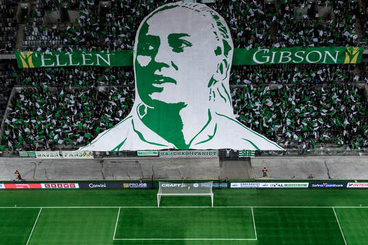 Supporters of Hammarby with a tifo dedicated to Ellen Gibson