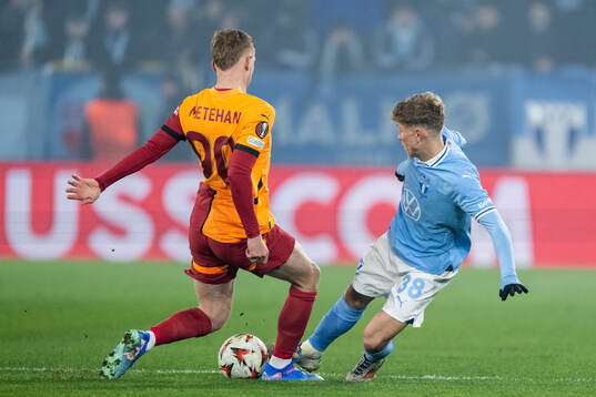 Metehan Baltaci of Galatasaray and Hugo Bolin of Malmö FF