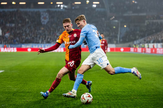 Metehan Baltaci of Galatasaray and Hugo Bolin of Malmö FF