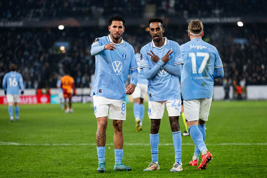 Sergio Pena and Taha Ali of Malmö FF celebrate