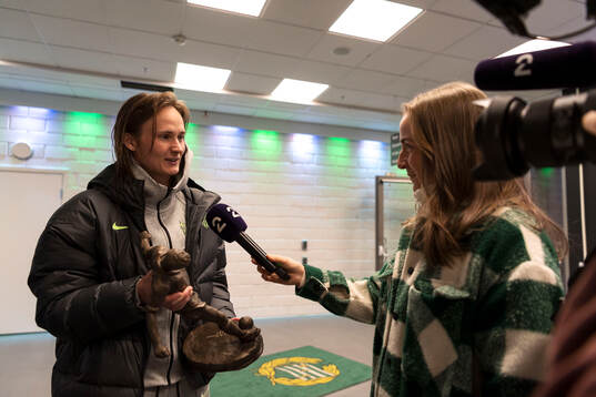 Caroline Graham Hansen of Barcelona receives