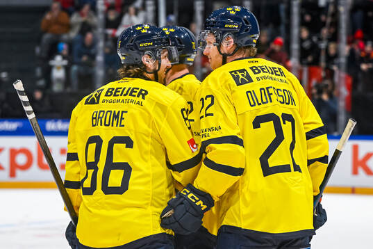 Mathias Brome of Sweden celebrates with Tim Heed and