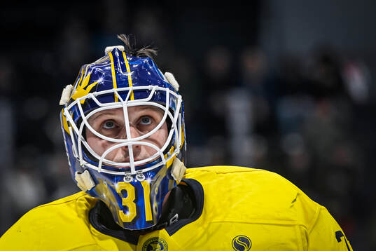 Goalkeeper Lars Johansson of Sweden in the ice hockey game