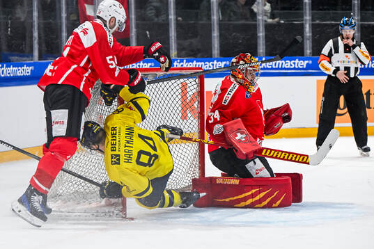 Christian Marti and goaltender Stephane Charlin of