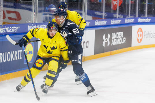 Isac Brännström of Sweden in the ice hockey game between