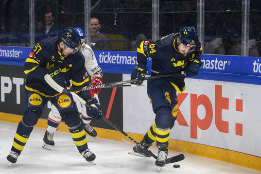 Sebastian Hartmann and Max Lindholm of Sweden in the ice