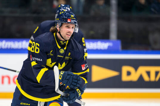 Mathias Bromé of Sweden celebrates in the ice hockey game