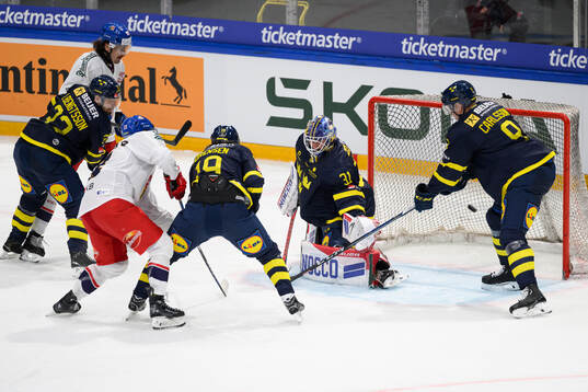 Goaltender Lars Johansson of Sweden in the ice hockey game