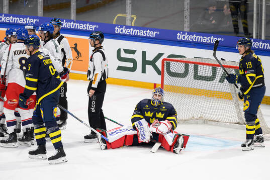 Goaltender Lars Johansson of Sweden looks dejected in the