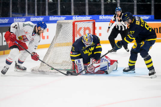 Goaltender Lars Johansson of Sweden in the ice hockey game