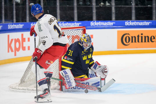 Goaltender Lars Johansson of Sweden in the ice hockey game