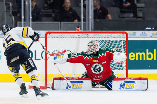 HV71s Radan Lenc och Frölundas målvakt Tobias Normann