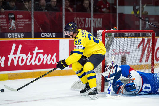 Otto Stenberg of Sweden and goaltender Samuel Urban of