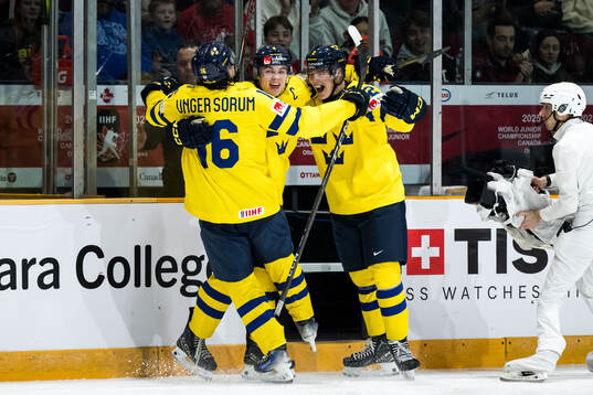 Axel Sandin-Pellikka of Sweden celebrates with Felix Unger