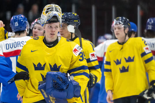 Goaltender Melker Thelin of Sweden