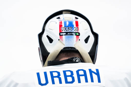 The helmet of goaltender Samuel Urban of Slovakia