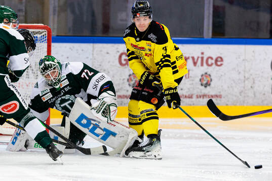 Tingsryds målvakt Pontus Eltonius och Vimmerbys Eddie Levin