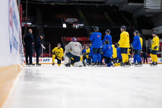 Assistant coach Gereon Dahlgren with players of Sweden at a