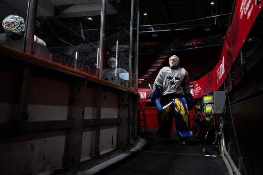 Goaltender Melker Thelin of Sweden at a practice session